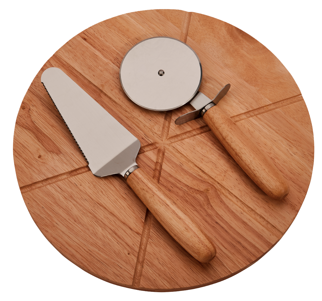 14" Wooden Pizza Board with Precision Cutting Wheel & Server